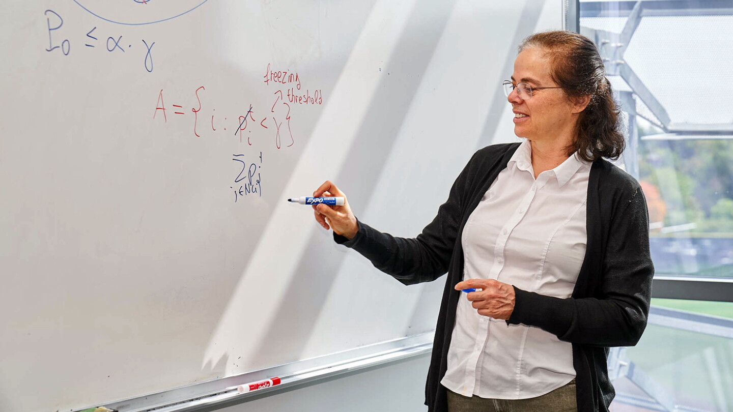 Éva Tardos explaining ideas at a whiteboard