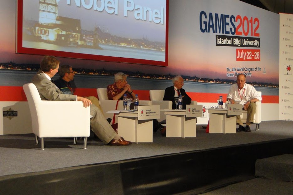 Panel at the fourth World Congress in Istanbul with B. von Stengel, E. Maskin, J. Nash, R. Selten and R. Myerson.