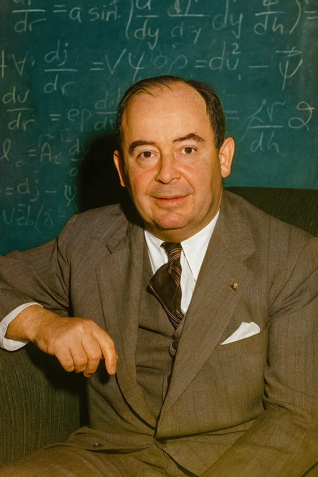 Portrait of John von Neumann in front of a blackboard.